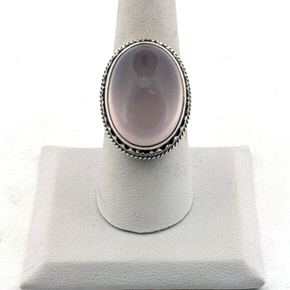 Estate Sterling Silver 925 Large Oval Rose Quartz Cabochon Ring Size 7.75 - Picture 1 of 8